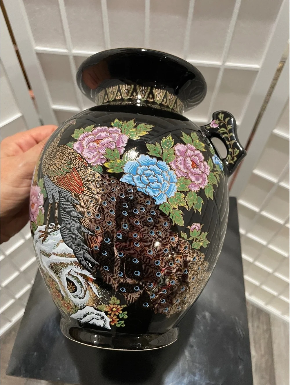 Vintage Japanese Black Ceramic Peacock and Floral Vase
